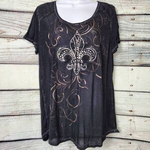 Maurices Women’s XL Black Lace Fleur-de-Lis Graphic Tee Rhinestone Studded Top